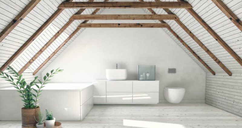 white wetroom with wooden beams