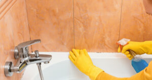 person cleaning bathroom