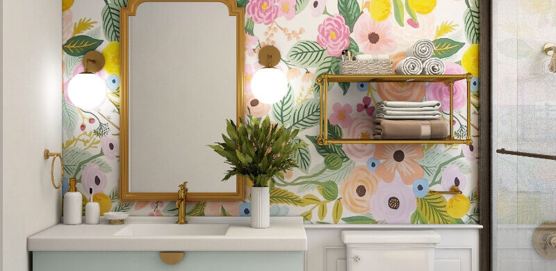 Wetroom with art, mirror shelf with towels, and lovely colourful wallpaper