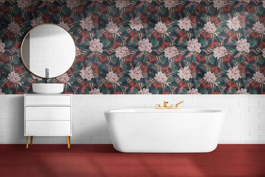 Half tiled bathroom with floral wallpaper