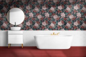 Half tiled bathroom with floral wallpaper