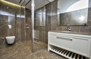 Marble-Effect Walk-In Shower With Glass Partition