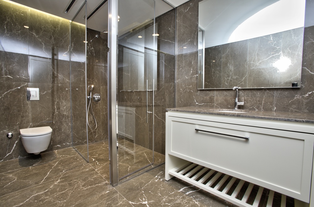 Marble-Effect Walk-In Shower With Glass Partition